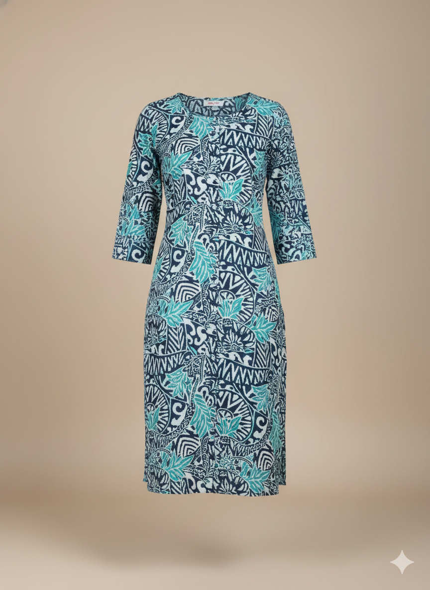 Plus Size Cotton Kurti for Women XXL–5XL | Navy & Aqua Tribal Floral Printed 3/4 Sleeve Straight Kurta