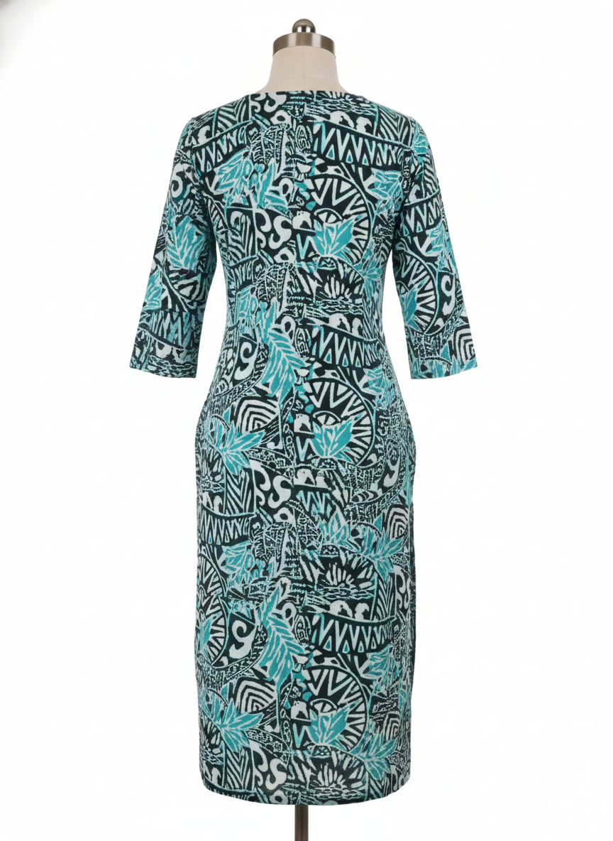 Plus Size Cotton Kurti for Women XXL–5XL | Navy & Aqua Tribal Floral Printed 3/4 Sleeve Straight Kurta