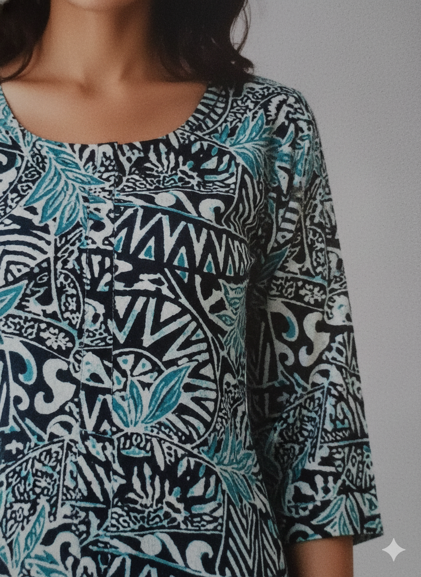 Plus Size Cotton Kurti for Women XXL–5XL | Navy & Aqua Tribal Floral Printed 3/4 Sleeve Straight Kurta