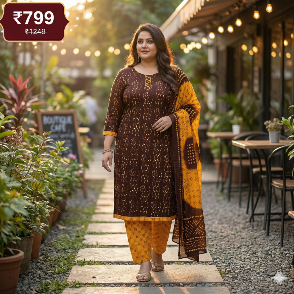 Brown & Mustard Printed Patiala 3-Piece Suit Set for Women – 4XL Kurta, Patiala Pant & Dupatta