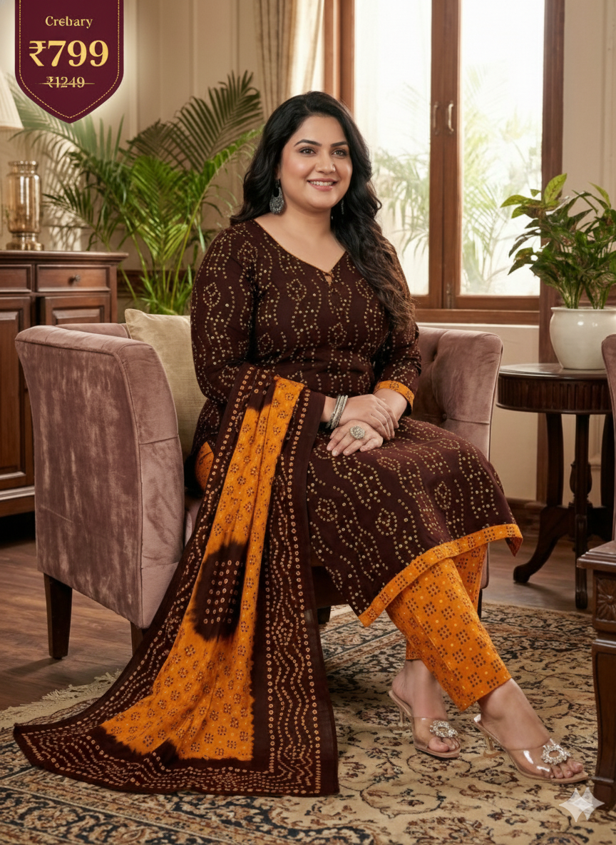 Brown & Mustard Printed Patiala 3-Piece Suit Set for Women – 4XL Kurta, Patiala Pant & Dupatta