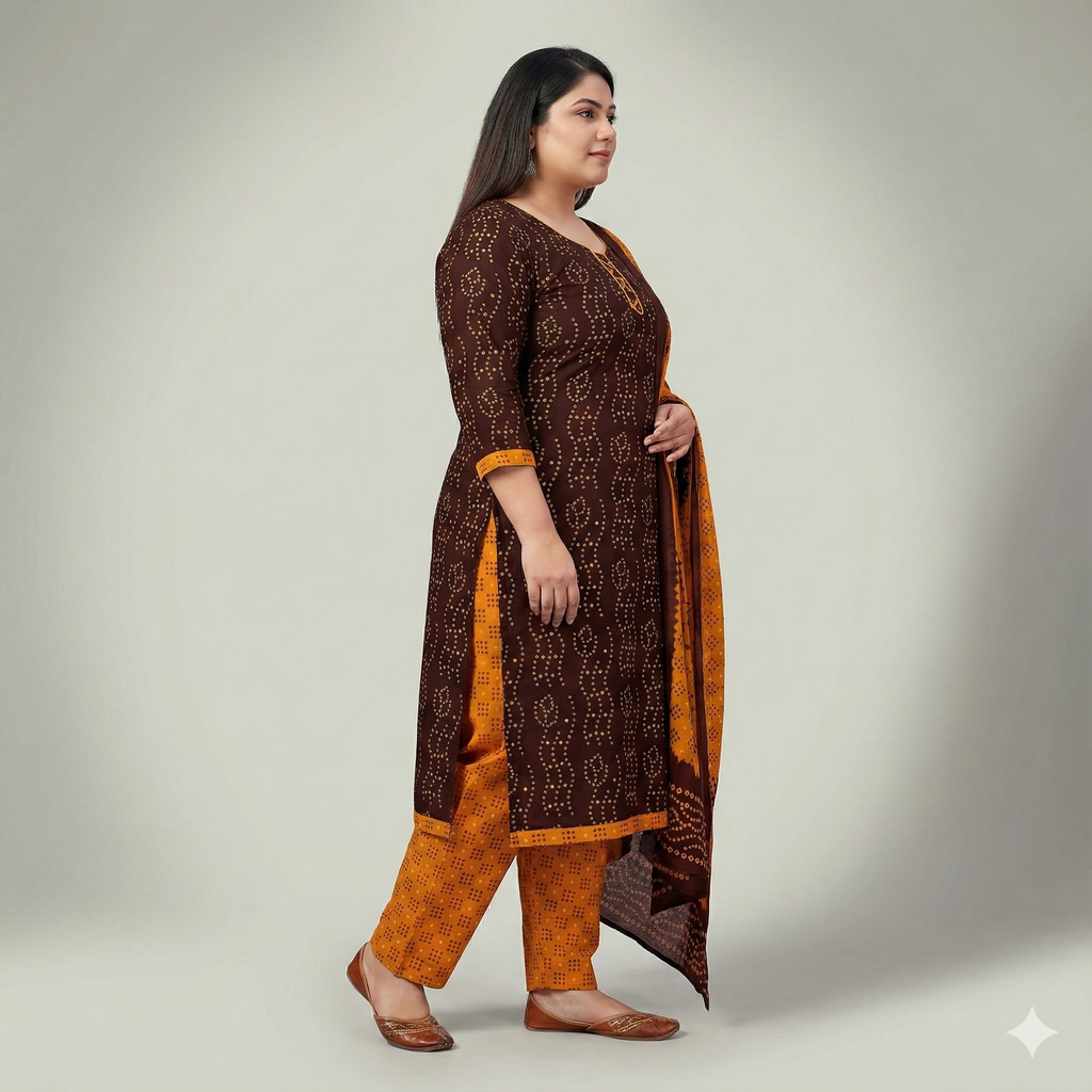 Brown & Mustard Printed Patiala 3-Piece Suit Set for Women – 4XL Kurta, Patiala Pant & Dupatta