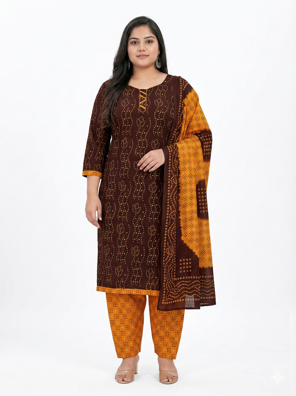Brown & Mustard Printed Patiala 3-Piece Suit Set for Women – 4XL Kurta, Patiala Pant & Dupatta