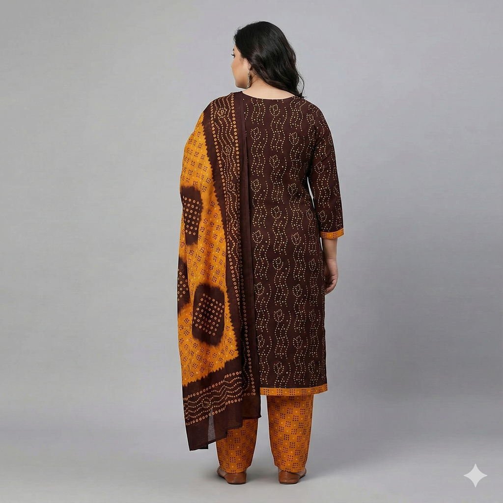 Brown & Mustard Printed Patiala 3-Piece Suit Set for Women – 4XL Kurta, Patiala Pant & Dupatta