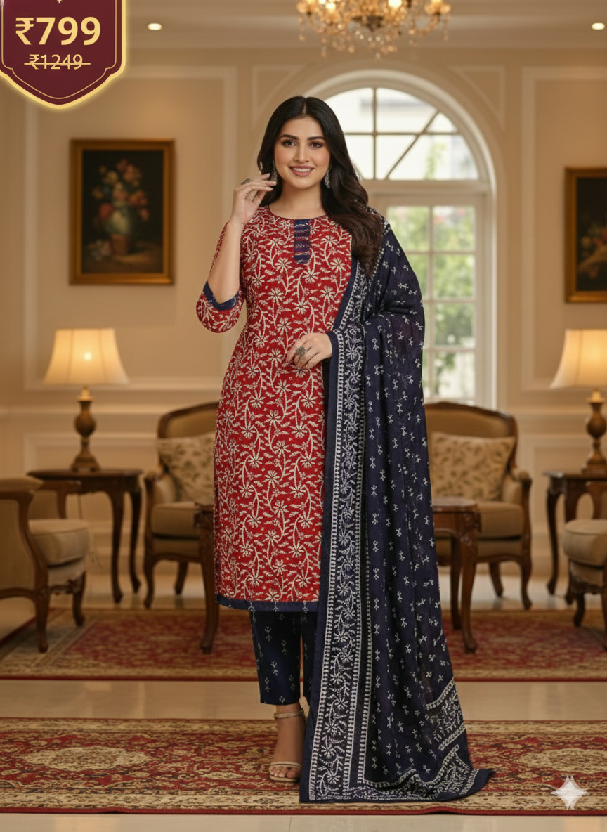Red & Navy Printed Patiala 3-Piece Suit Set for Women – Kurta, Patiala Pant & Dupatta (4XL)