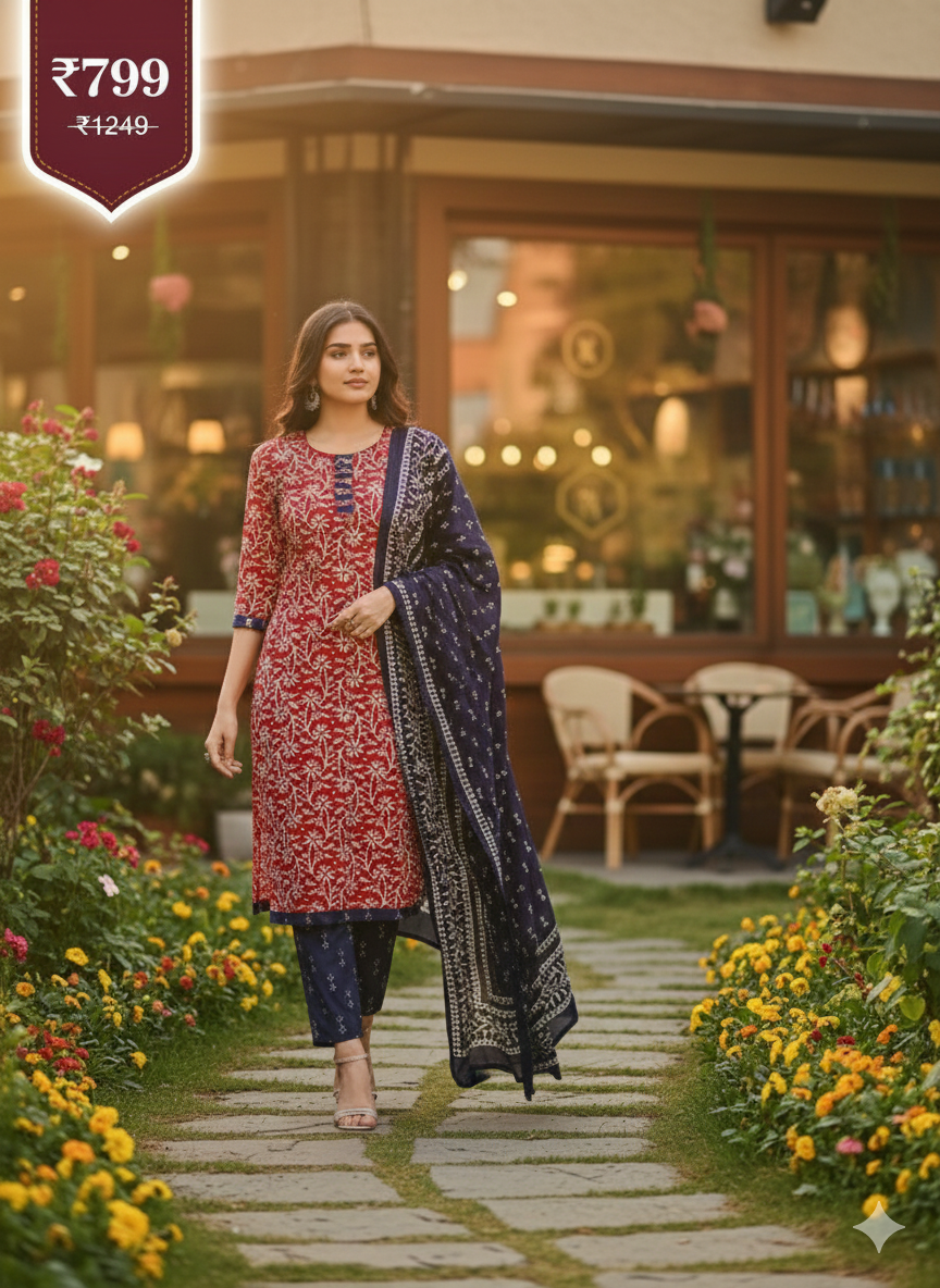 Red & Navy Printed Patiala 3-Piece Suit Set for Women – Kurta, Patiala Pant & Dupatta (4XL)