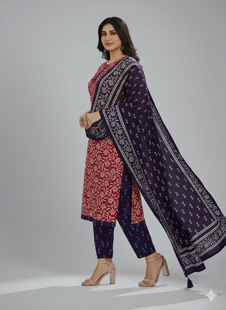 Red & Navy Printed Patiala 3-Piece Suit Set for Women – Kurta, Patiala Pant & Dupatta (4XL)