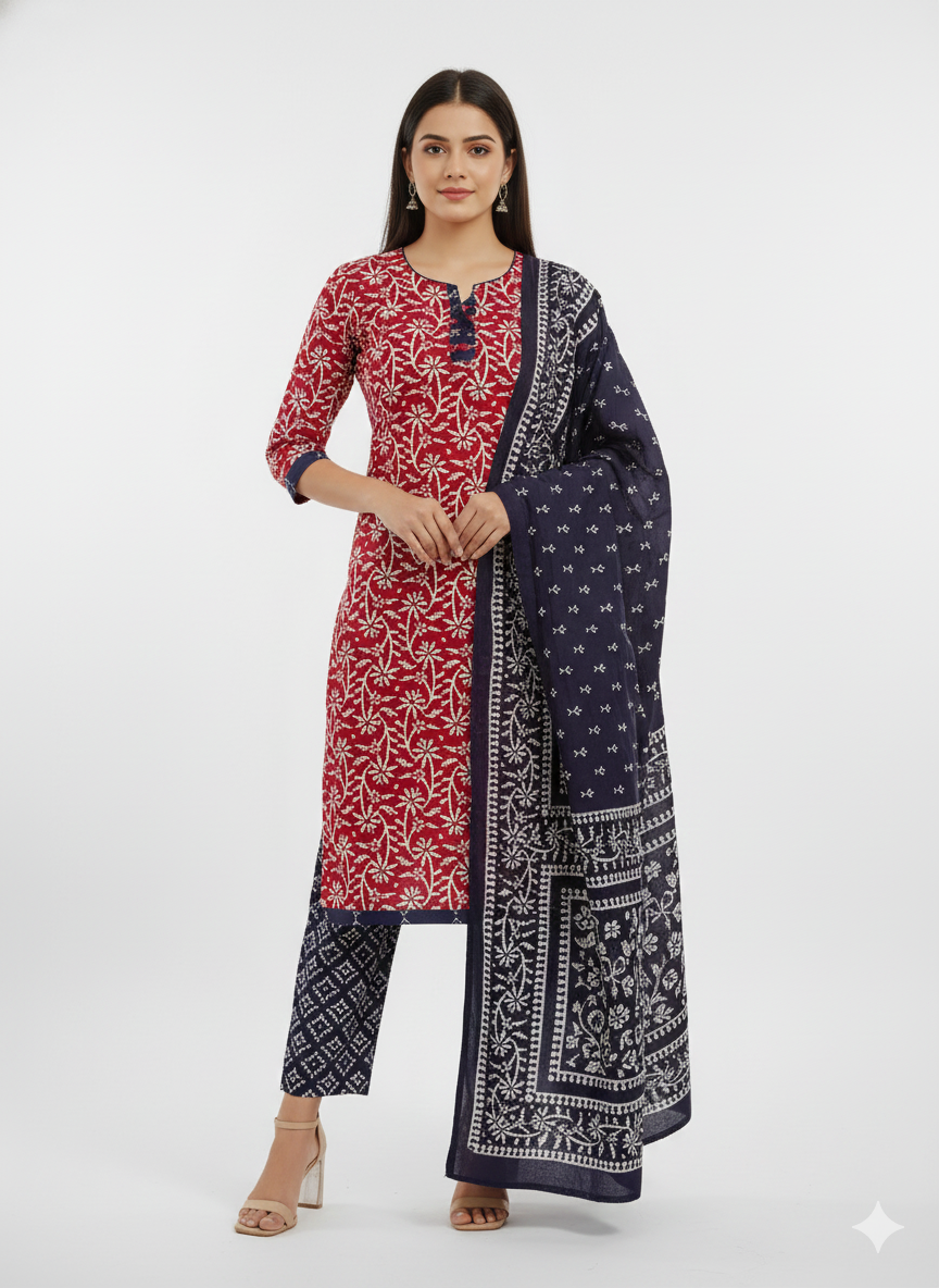 Red & Navy Printed Patiala 3-Piece Suit Set for Women – Kurta, Patiala Pant & Dupatta (4XL)