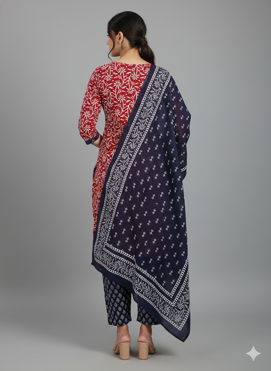 Red & Navy Printed Patiala 3-Piece Suit Set for Women – Kurta, Patiala Pant & Dupatta (4XL)