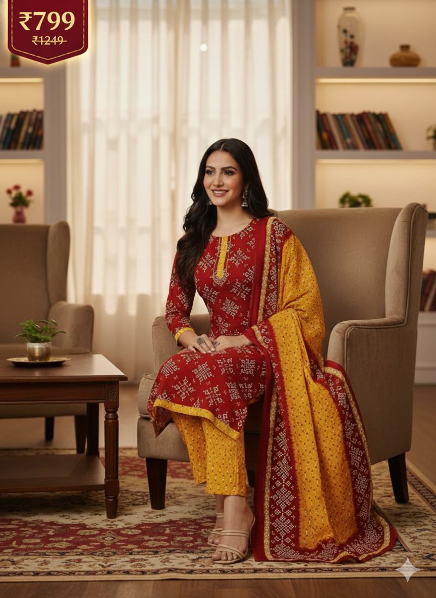 Red & Yellow Printed Patiala 3-Piece Suit Set for Women – Kurta, Patiala Pant & Dupatta (4XL)