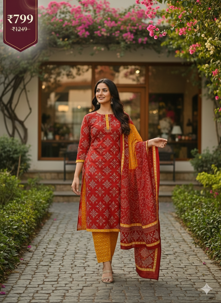 Red & Yellow Printed Patiala 3-Piece Suit Set for Women – Kurta, Patiala Pant & Dupatta (4XL)