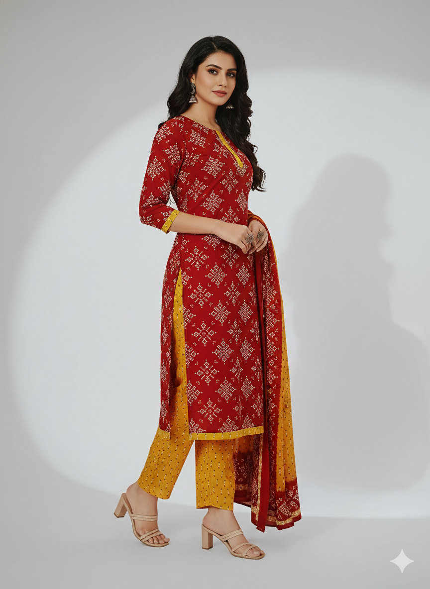 Red & Yellow Printed Patiala 3-Piece Suit Set for Women – Kurta, Patiala Pant & Dupatta (4XL)