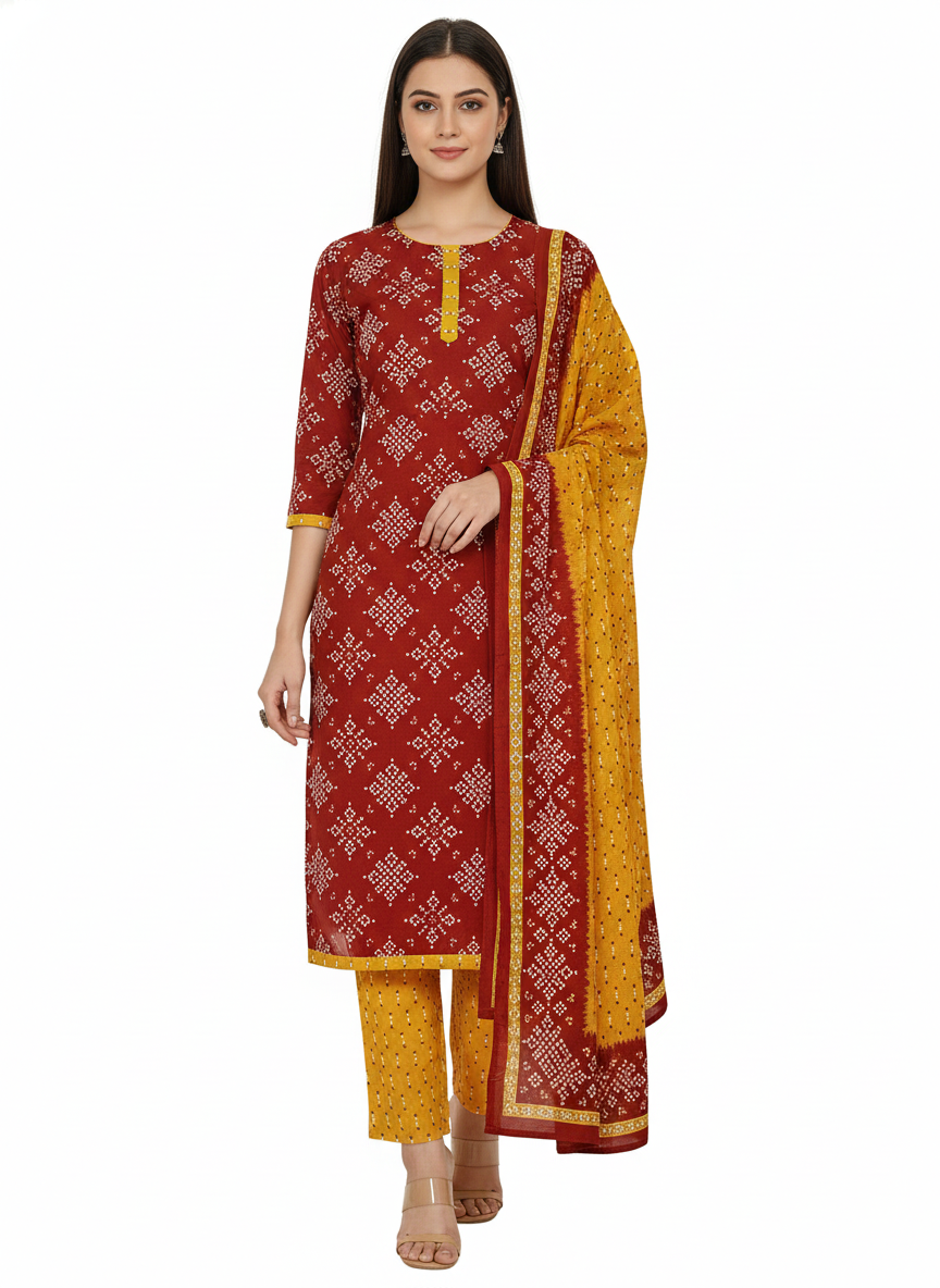 Red & Yellow Printed Patiala 3-Piece Suit Set for Women – Kurta, Patiala Pant & Dupatta (4XL)