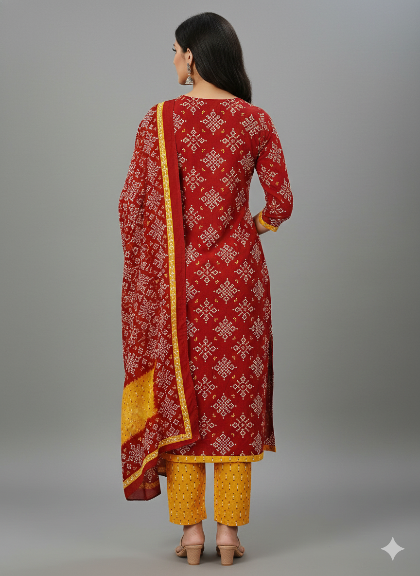 Red & Yellow Printed Patiala 3-Piece Suit Set for Women – Kurta, Patiala Pant & Dupatta (4XL)