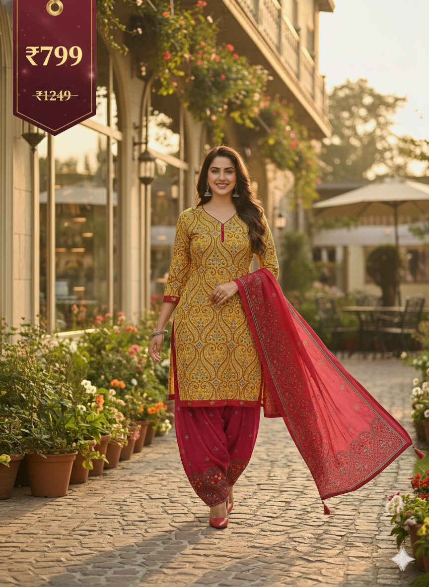 Yellow & Red Printed Patiala 3-Piece Suit Set for Women – Kurta, Patiala Pant & Dupatta (5XL)
