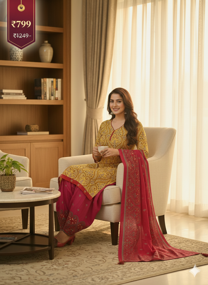 Yellow & Red Printed Patiala 3-Piece Suit Set for Women – Kurta, Patiala Pant & Dupatta (5XL)