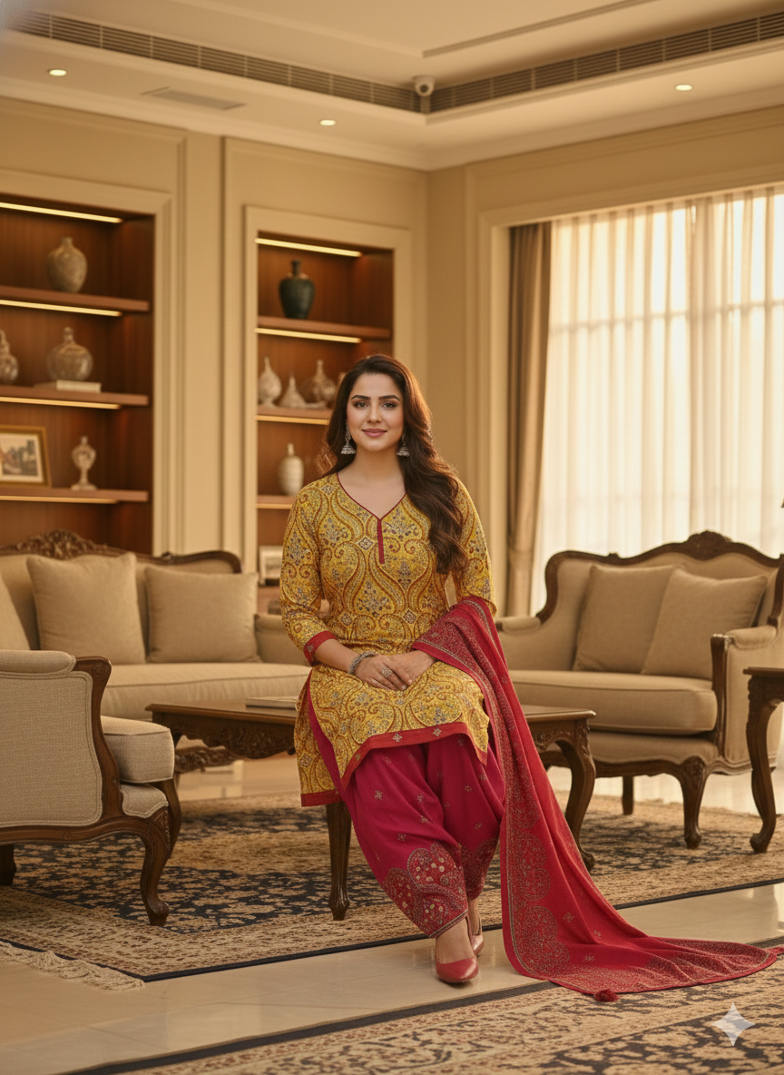 Yellow & Red Printed Patiala 3-Piece Suit Set for Women – Kurta, Patiala Pant & Dupatta (5XL)