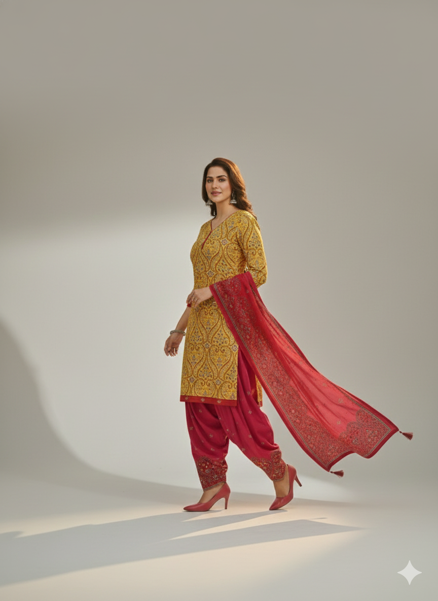 Yellow & Red Printed Patiala 3-Piece Suit Set for Women – Kurta, Patiala Pant & Dupatta (5XL)