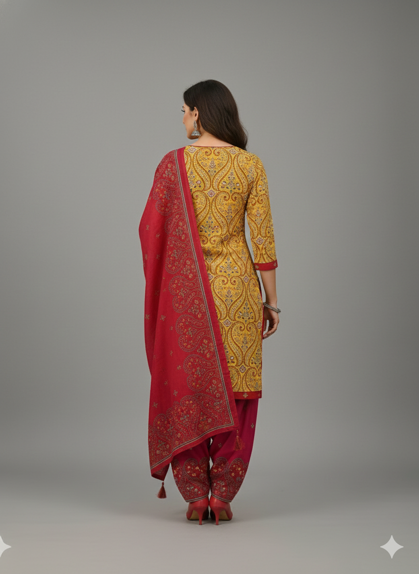 Yellow & Red Printed Patiala 3-Piece Suit Set for Women – Kurta, Patiala Pant & Dupatta (5XL)