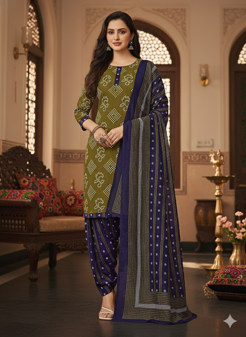 Pranjul 3 Piece Cotton Suit – Olive Green Printed Kurti with Purple Patiala & Matching Dupatta | Women’s Ethnic Wear Set