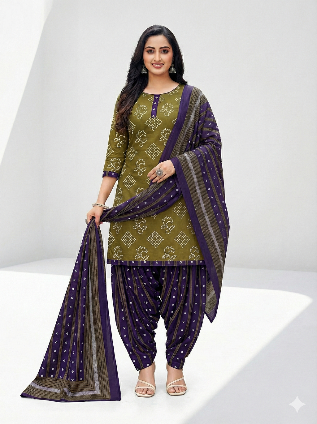 Pranjul 3 Piece Cotton Suit – Olive Green Printed Kurti with Purple Patiala & Matching Dupatta | Women’s Ethnic Wear Set