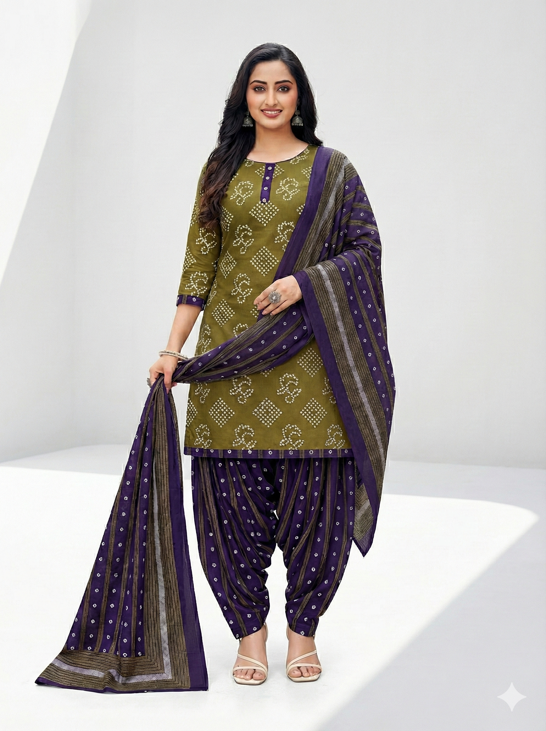 Pranjul 3 Piece Cotton Suit – Olive Green Printed Kurti with Purple Patiala & Matching Dupatta | Women’s Ethnic Wear Set