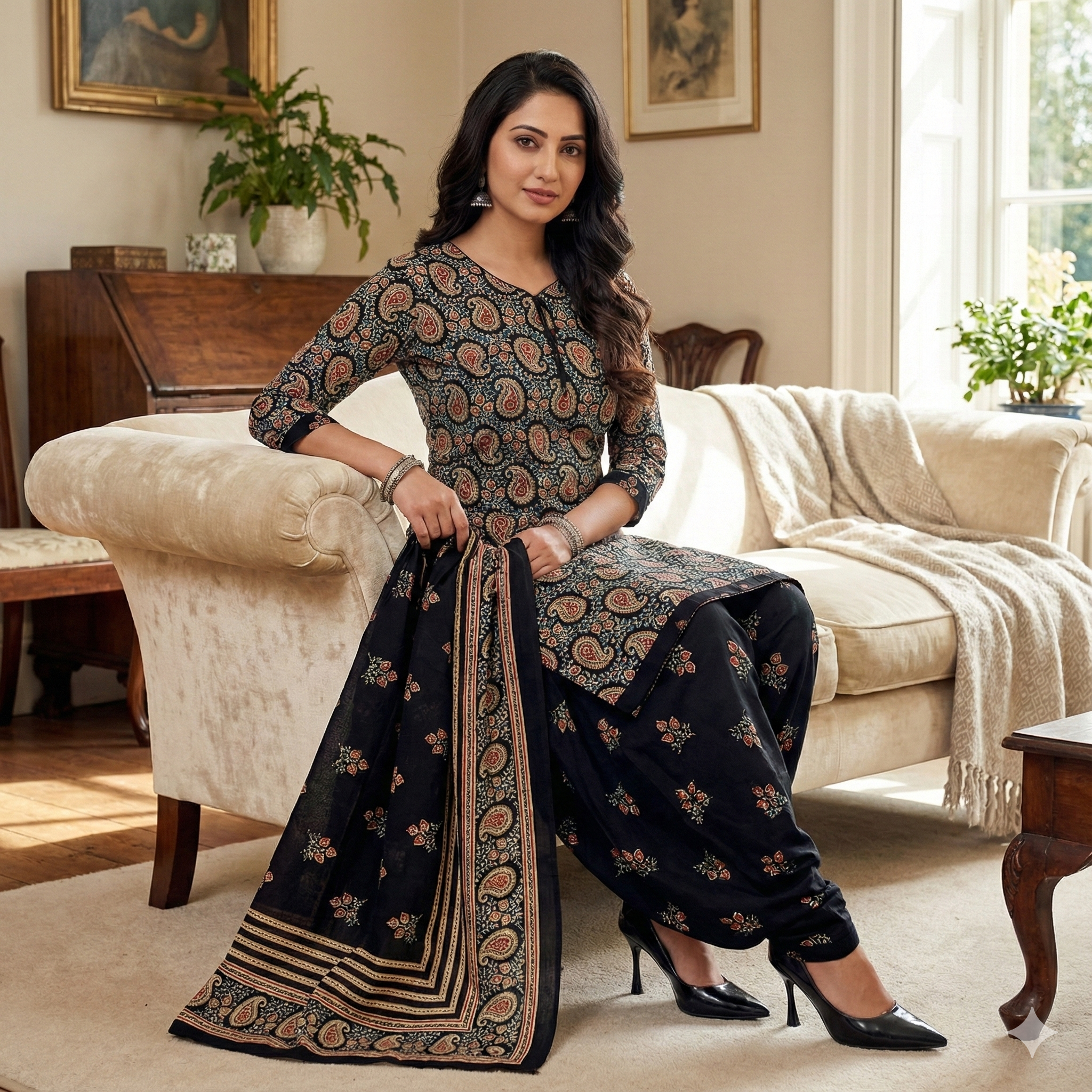 Black & Gold Printed Patiala 3-Piece Suit Set for Women – XXL Kurta, Patiala Pant & Dupatta