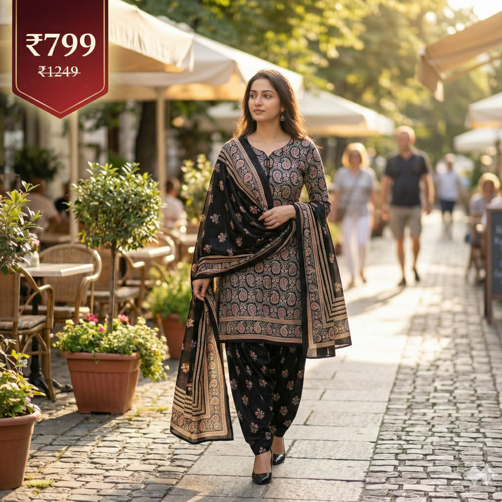 Black & Gold Printed Patiala 3-Piece Suit Set for Women – XXL Kurta, Patiala Pant & Dupatta