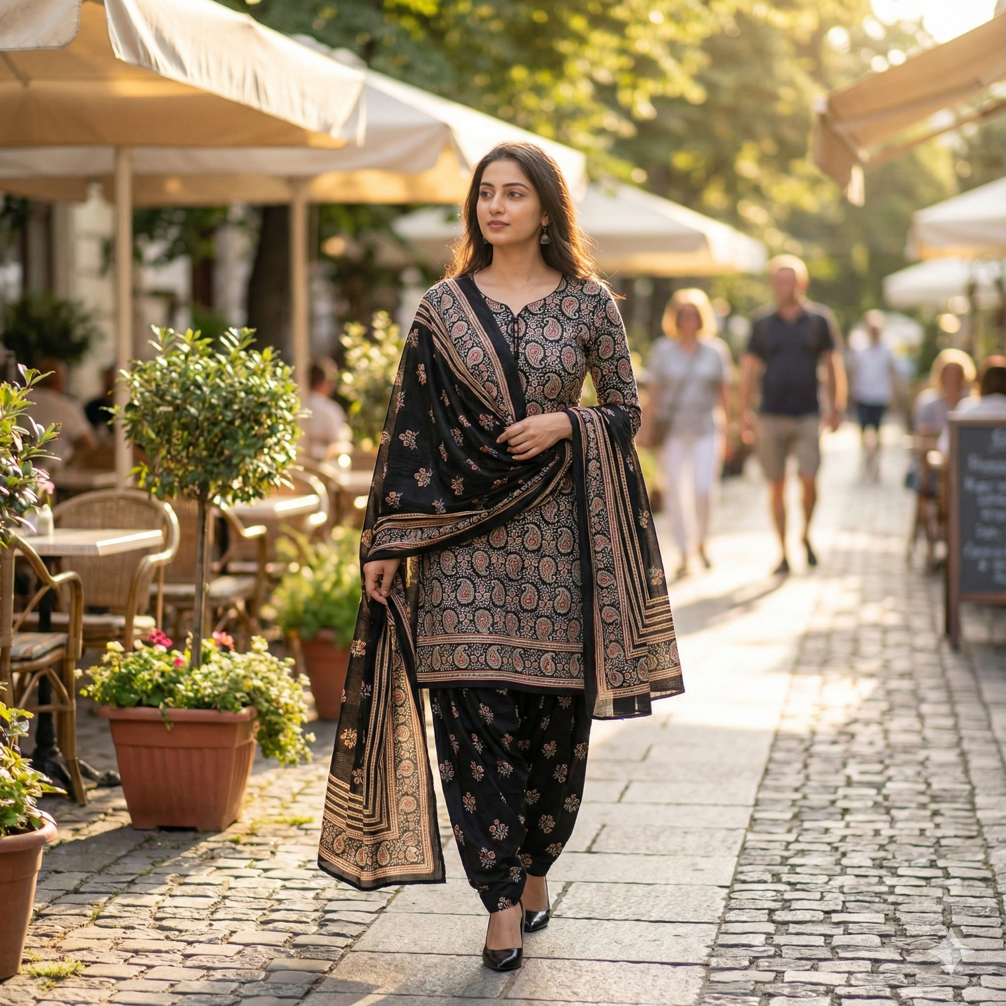 Black & Gold Printed Patiala 3-Piece Suit Set for Women – XXL Kurta, Patiala Pant & Dupatta