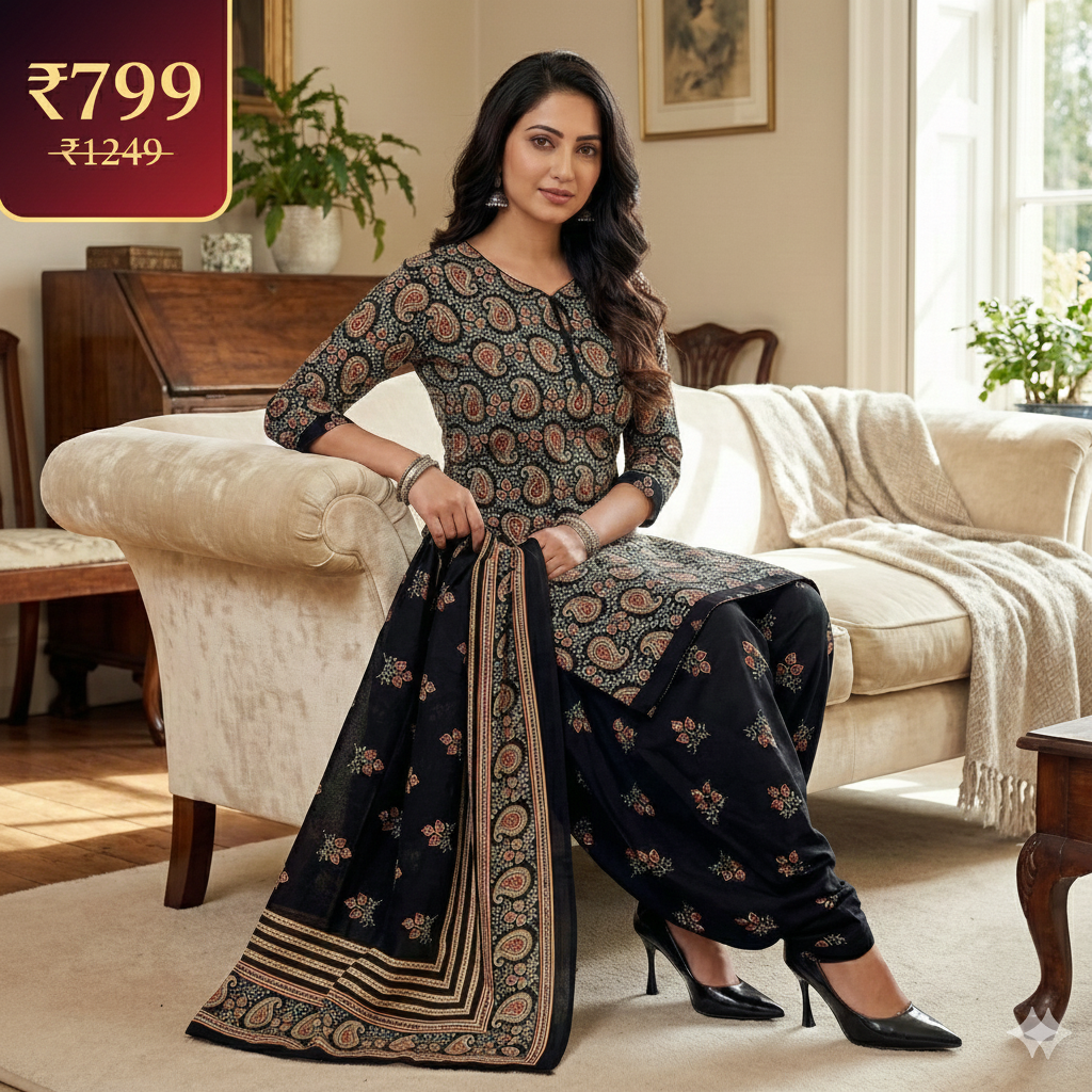 Black & Gold Printed Patiala 3-Piece Suit Set for Women – XXL Kurta, Patiala Pant & Dupatta