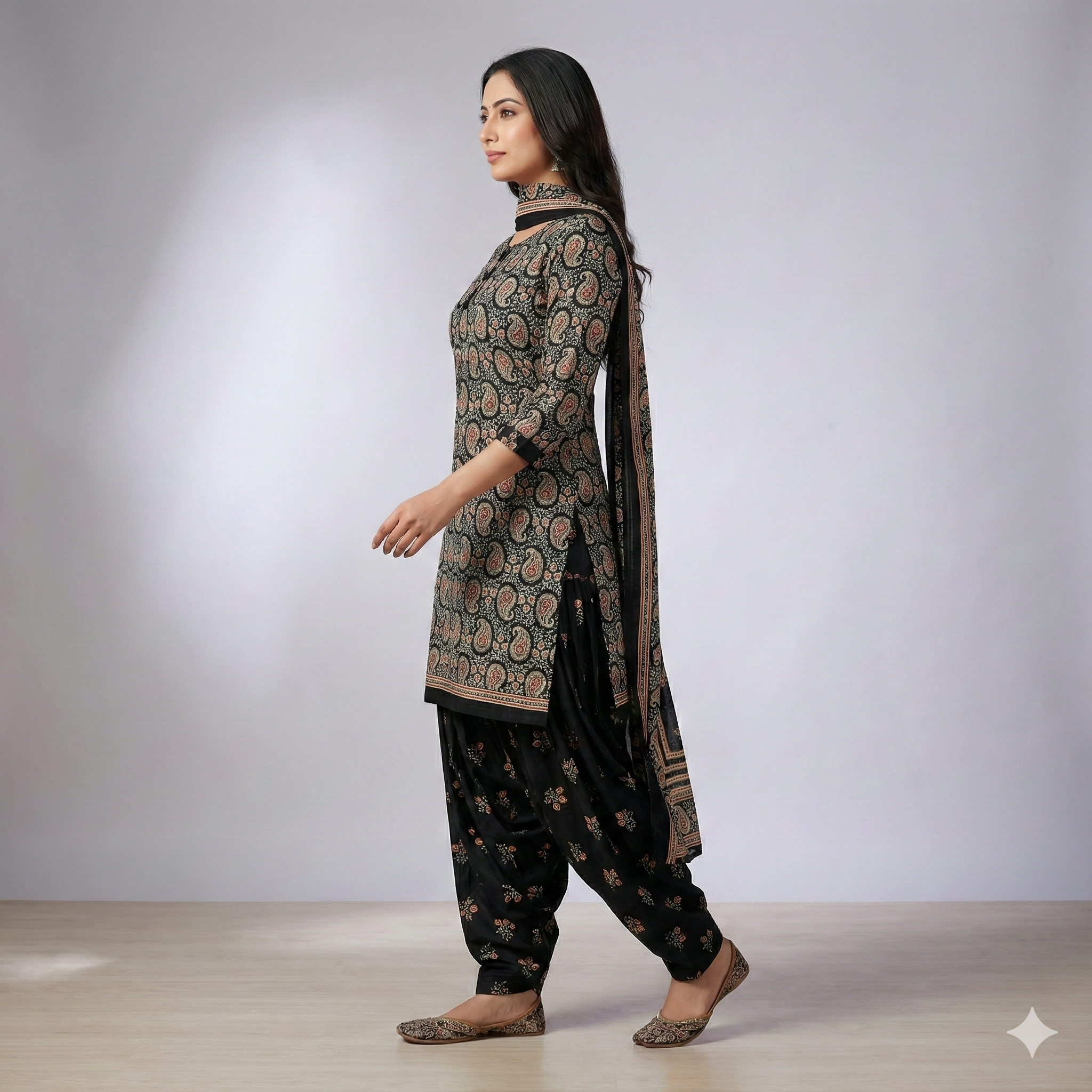 Black & Gold Printed Patiala 3-Piece Suit Set for Women – XXL Kurta, Patiala Pant & Dupatta