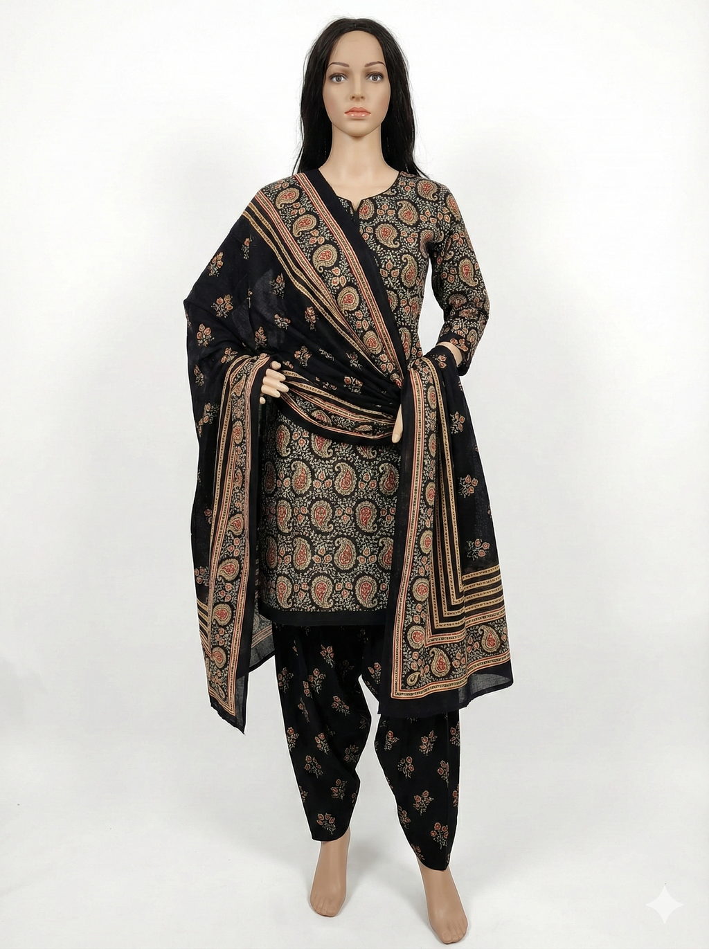 Black & Gold Printed Patiala 3-Piece Suit Set for Women – XXL Kurta, Patiala Pant & Dupatta