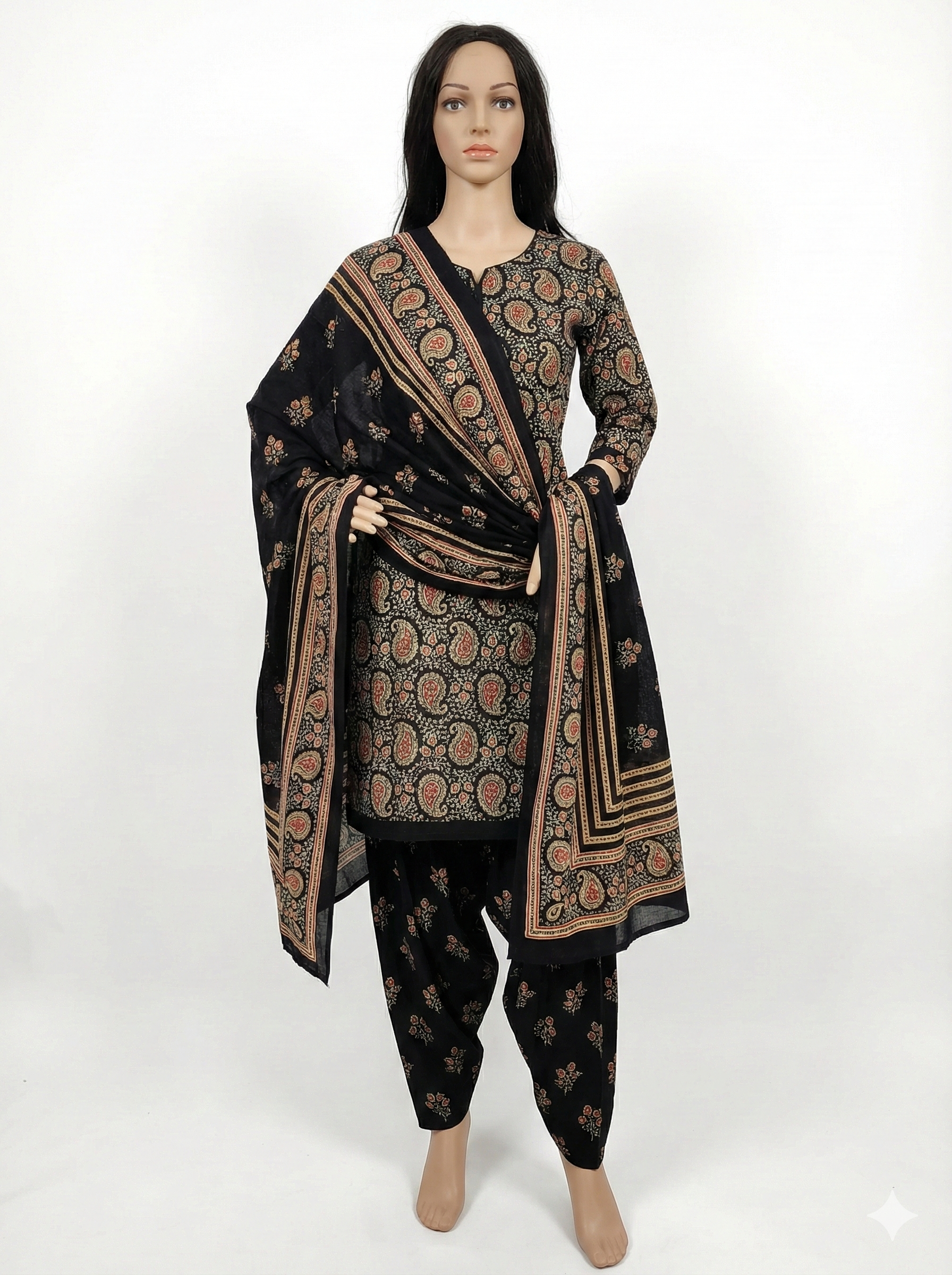 Black & Gold Printed Patiala 3-Piece Suit Set for Women – XXL Kurta, Patiala Pant & Dupatta