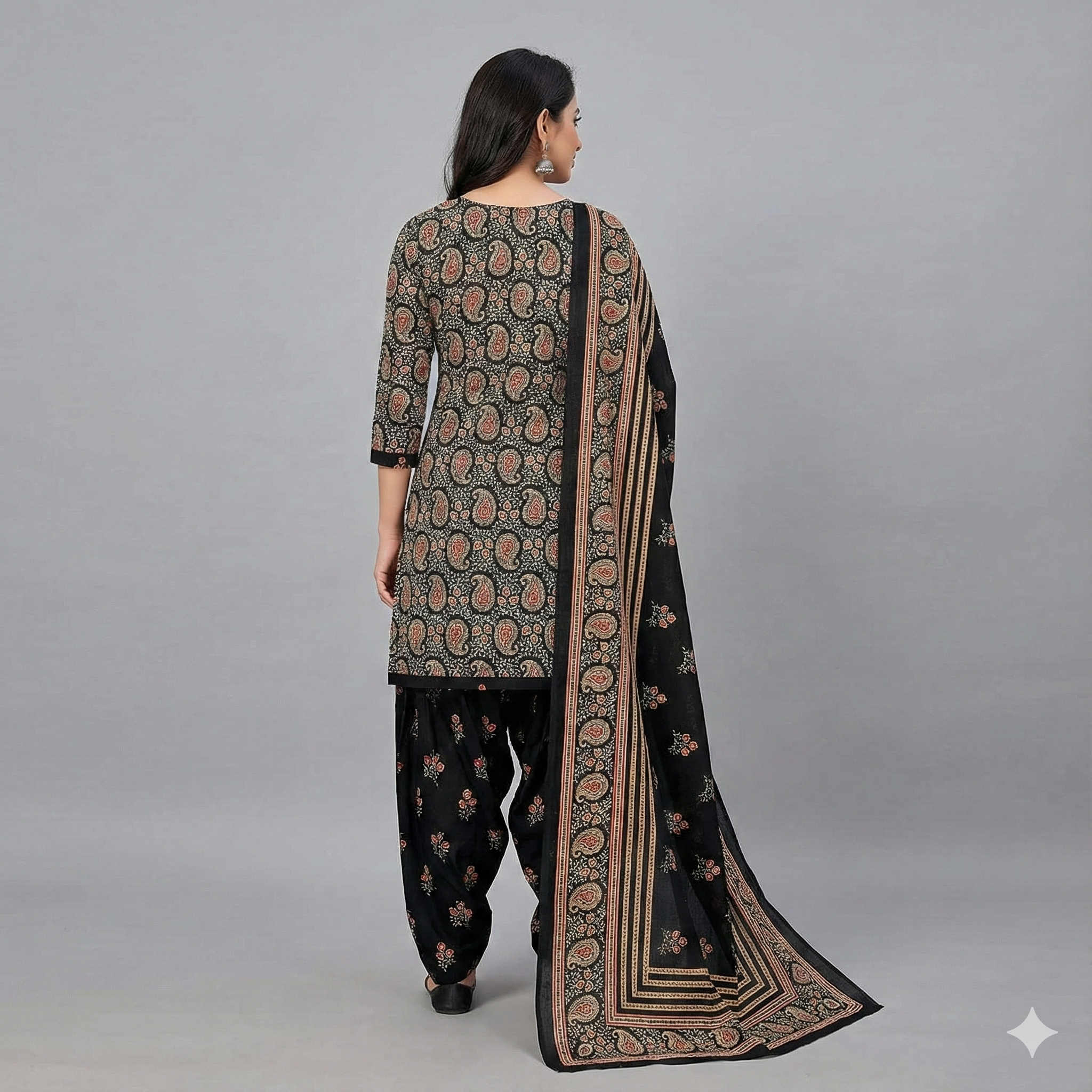 Black & Gold Printed Patiala 3-Piece Suit Set for Women – XXL Kurta, Patiala Pant & Dupatta