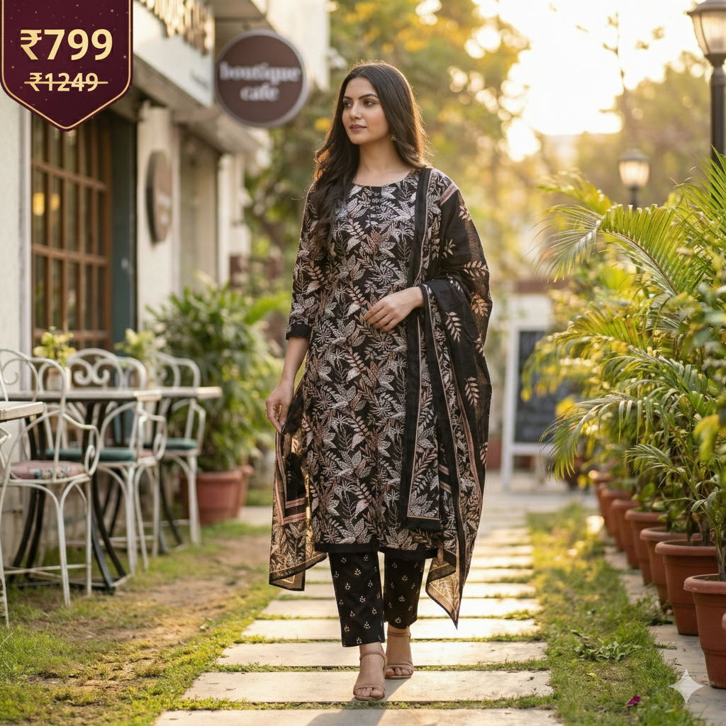 Black Floral Printed Patiala 3-Piece Suit Set for Women – Kurta, Patiala Pant & Dupatta