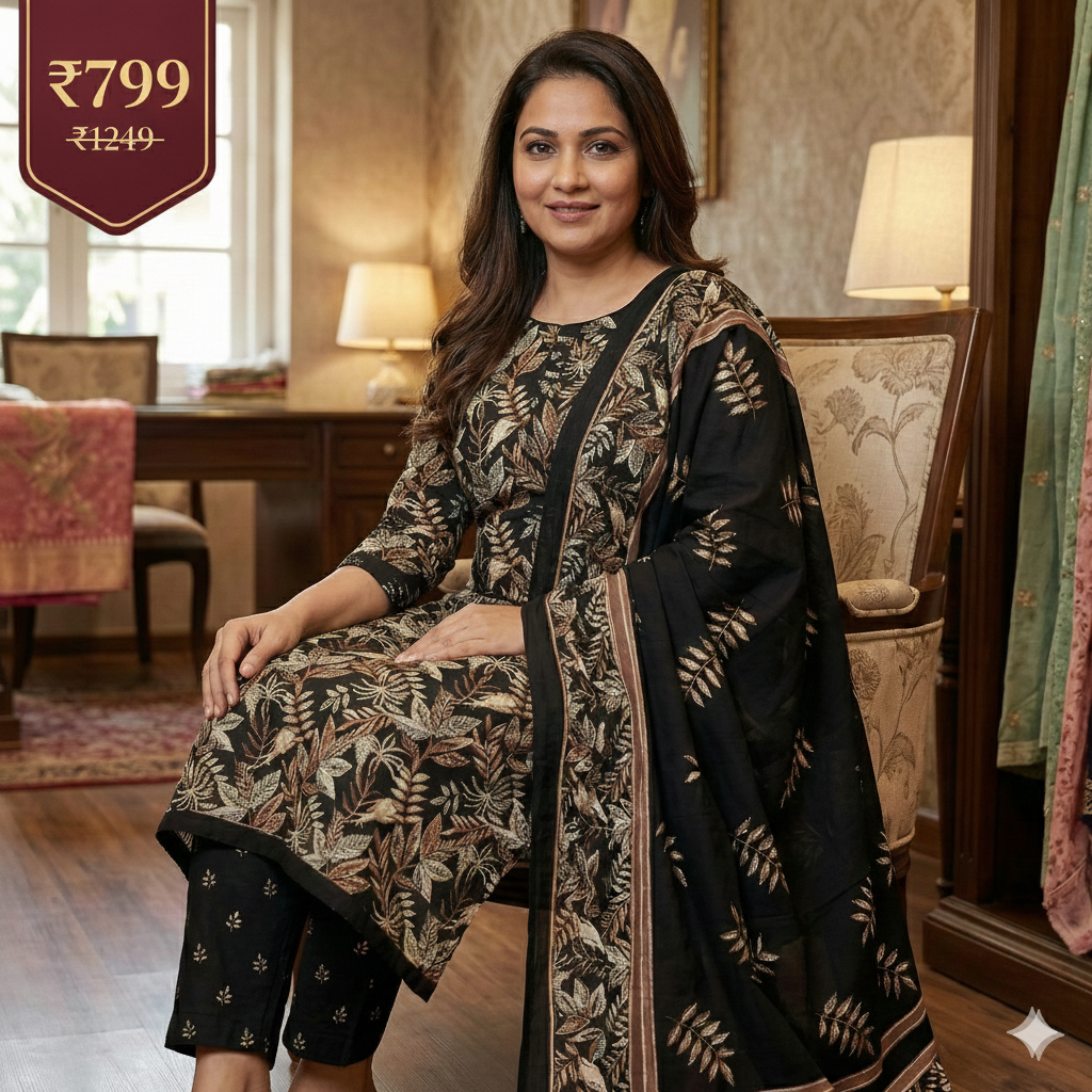 Black Floral Printed Patiala 3-Piece Suit Set for Women – Kurta, Patiala Pant & Dupatta