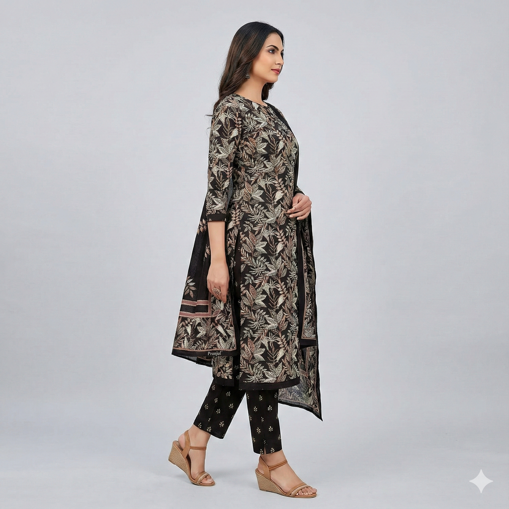 Black Floral Printed Patiala 3-Piece Suit Set for Women – Kurta, Patiala Pant & Dupatta