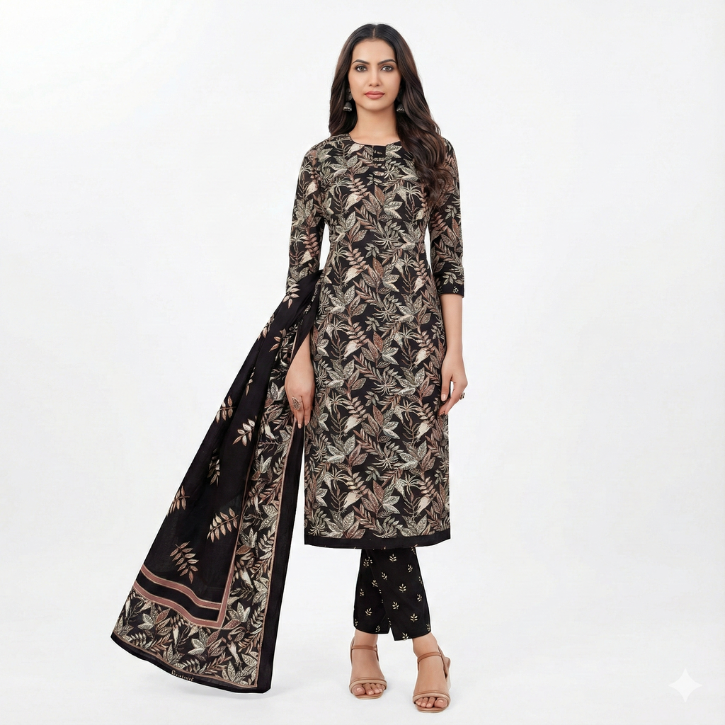 Black Floral Printed Patiala 3-Piece Suit Set for Women – Kurta, Patiala Pant & Dupatta
