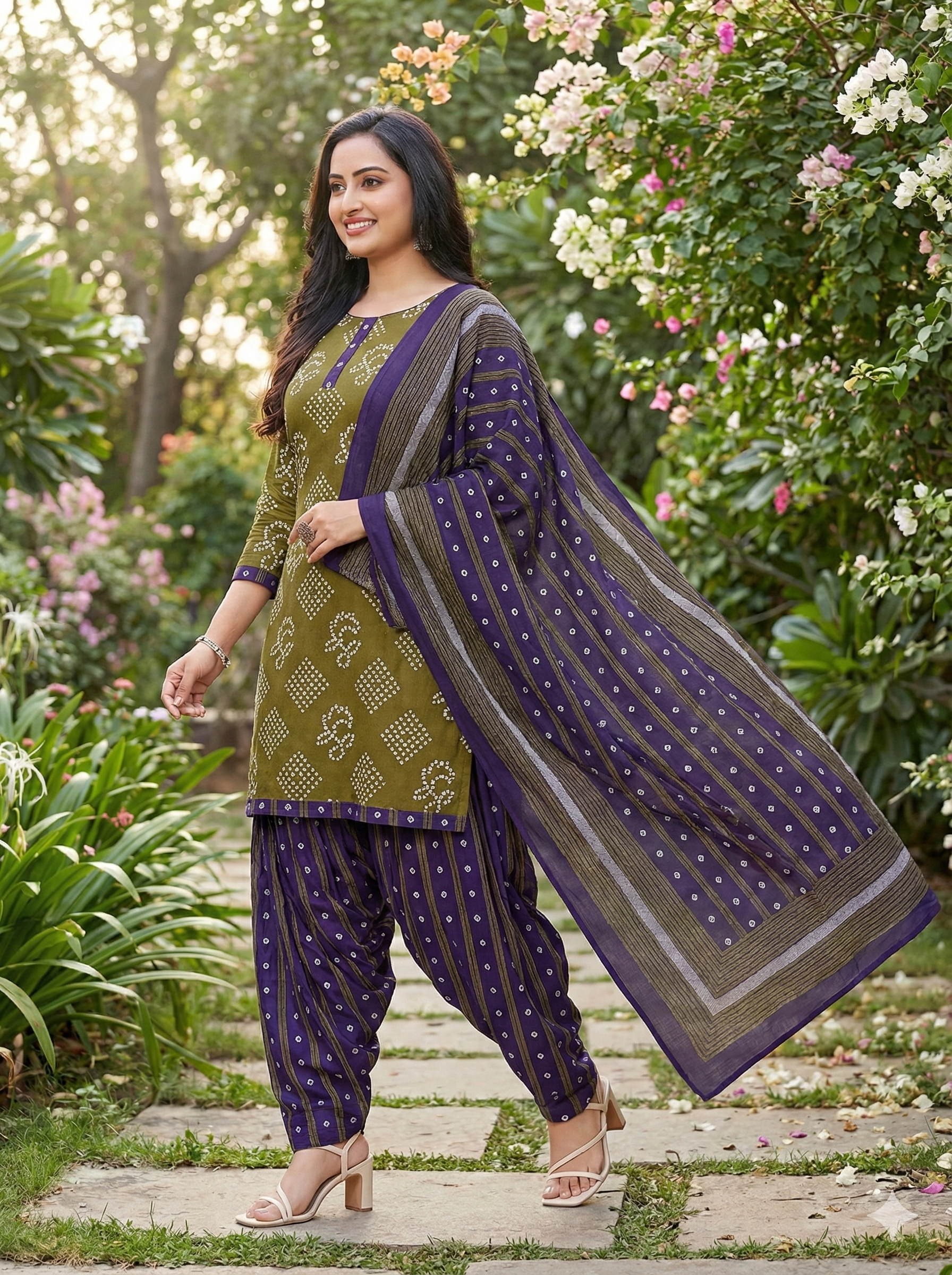 Olive Green & Purple Printed Patiala 3-Piece Suit Set for Women – 5XL Kurta, Patiala Pant & Dupatta