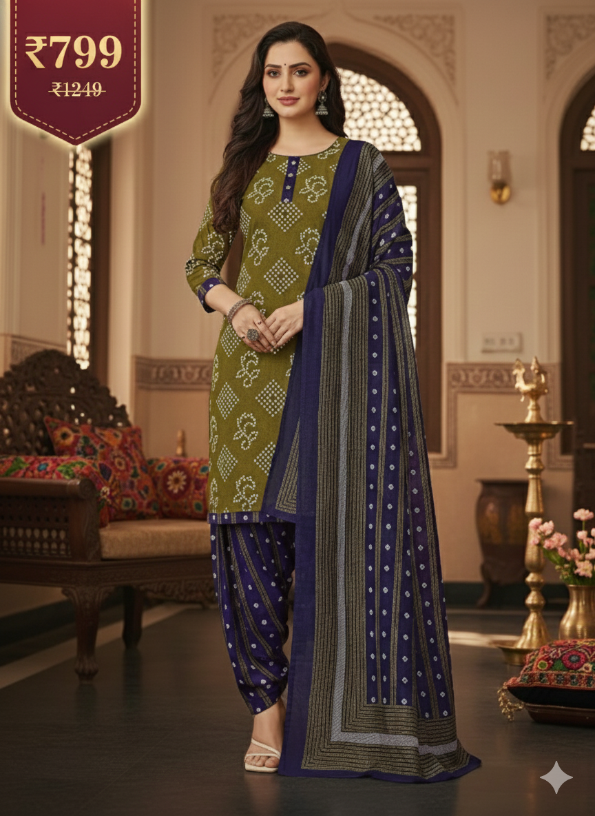 Olive Green & Purple Printed Patiala 3-Piece Suit Set for Women – 5XL Kurta, Patiala Pant & Dupatta