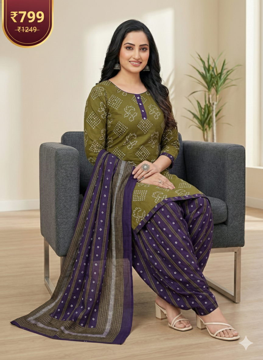 Olive Green & Purple Printed Patiala 3-Piece Suit Set for Women – 5XL Kurta, Patiala Pant & Dupatta