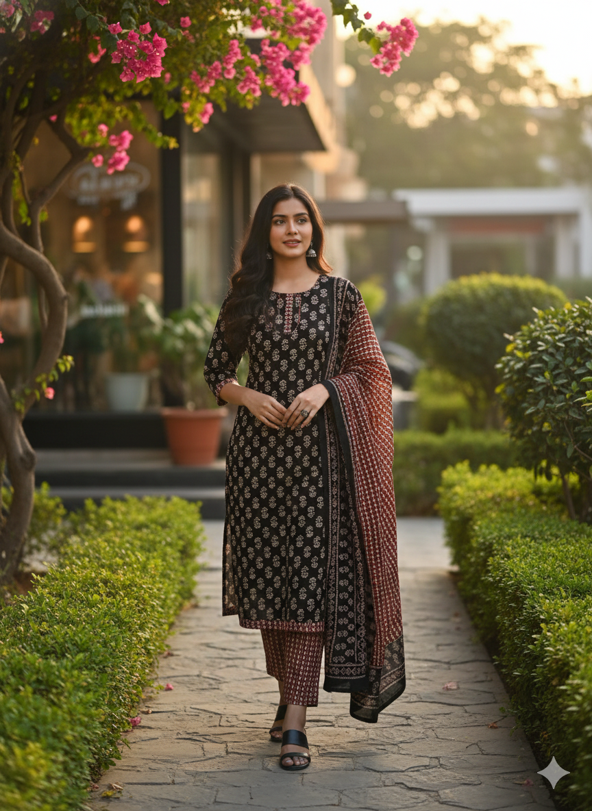 Black & Maroon Printed Patiala 3-Piece Suit Set for Women – Kurta, Patiala Pant & Dupatta