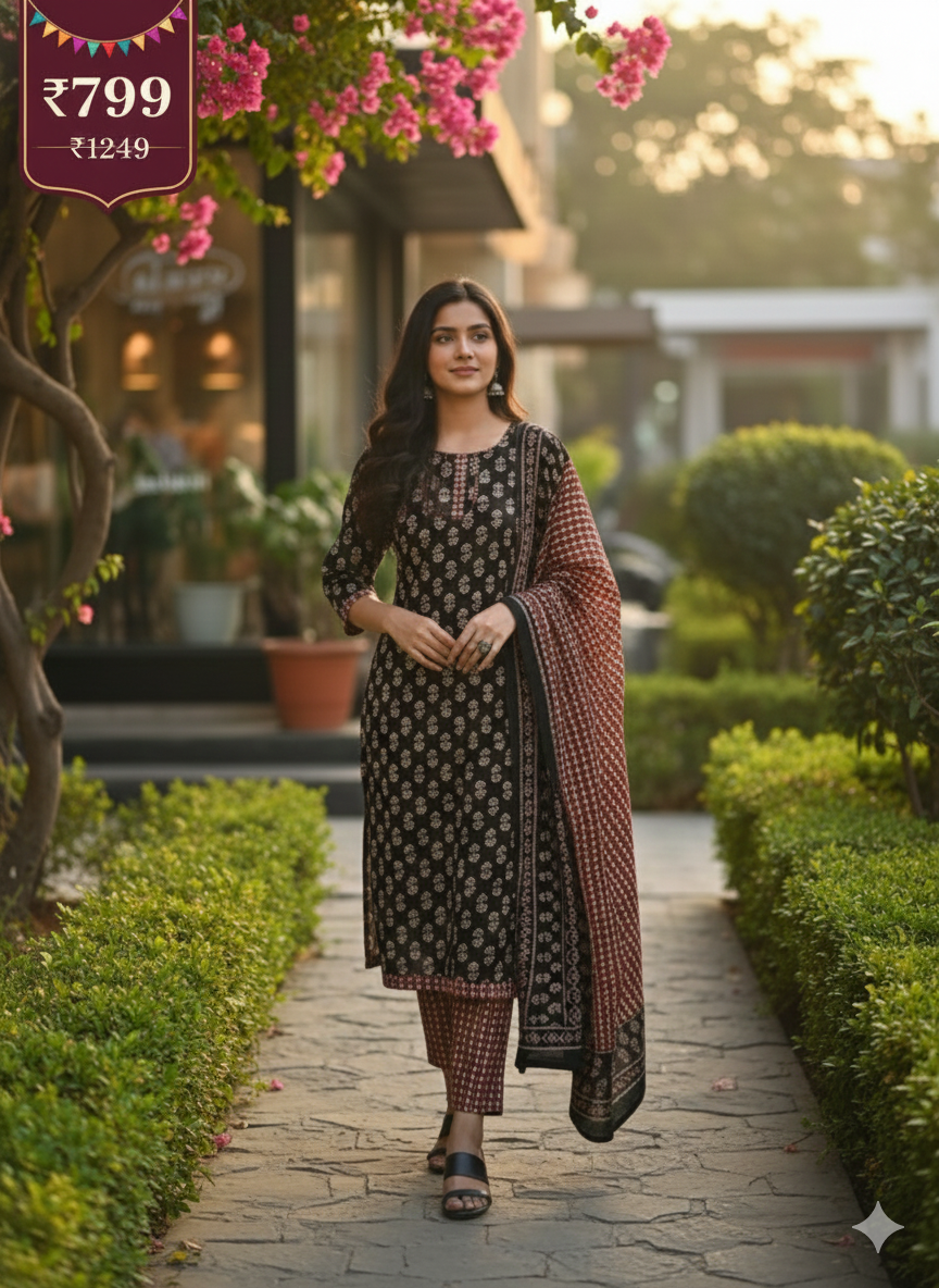Black & Maroon Printed Patiala 3-Piece Suit Set for Women – Kurta, Patiala Pant & Dupatta