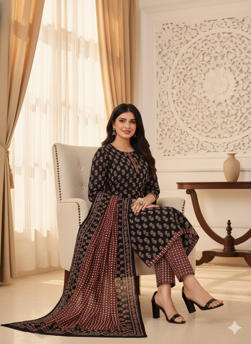 Black & Maroon Printed Patiala 3-Piece Suit Set for Women – Kurta, Patiala Pant & Dupatta
