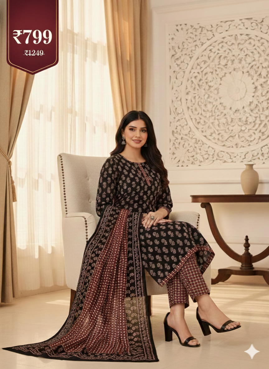 Black & Maroon Printed Patiala 3-Piece Suit Set for Women – Kurta, Patiala Pant & Dupatta