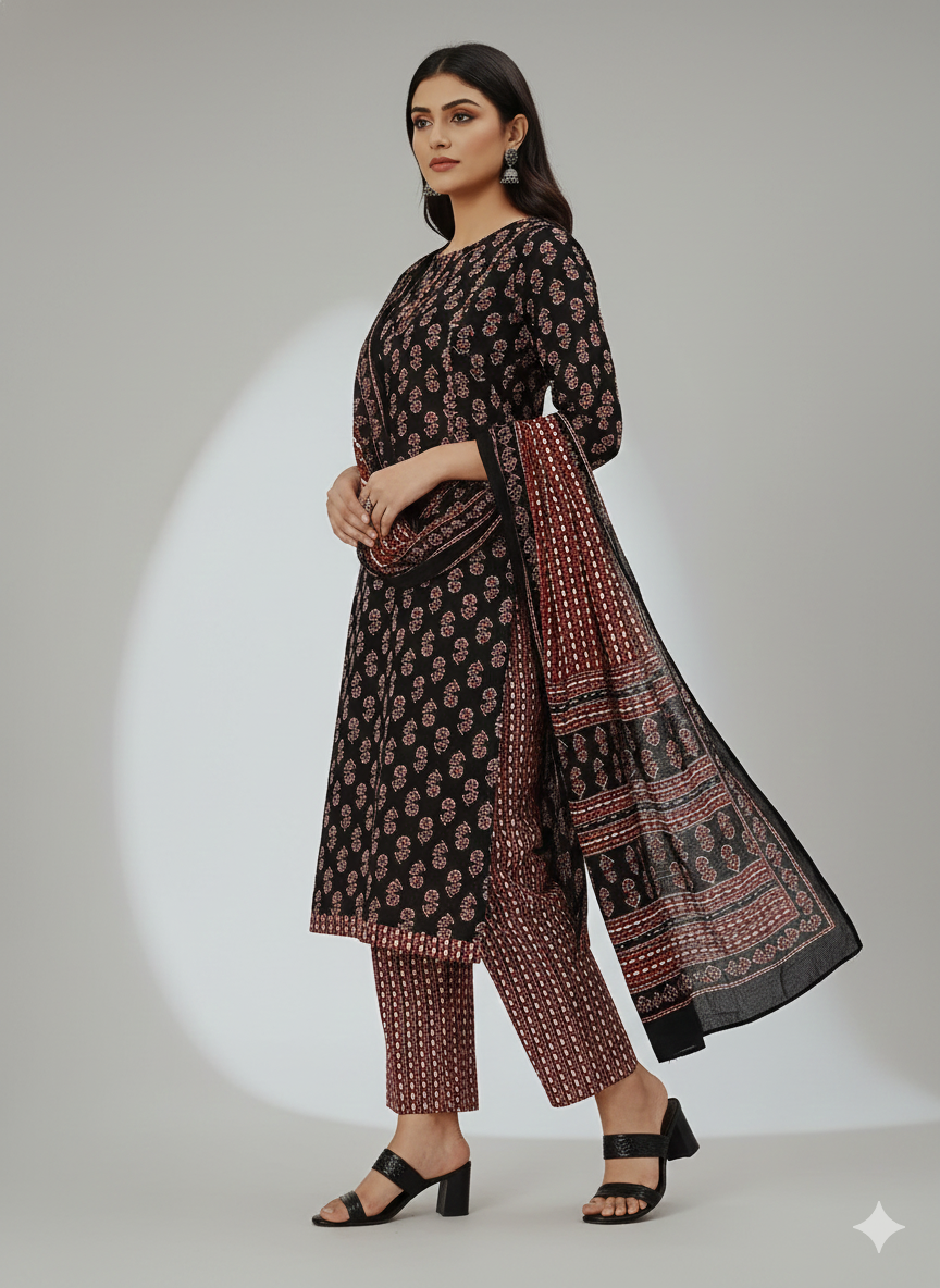 Black & Maroon Printed Patiala 3-Piece Suit Set for Women – Kurta, Patiala Pant & Dupatta
