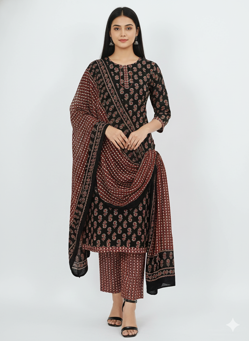 Black & Maroon Printed Patiala 3-Piece Suit Set for Women – Kurta, Patiala Pant & Dupatta
