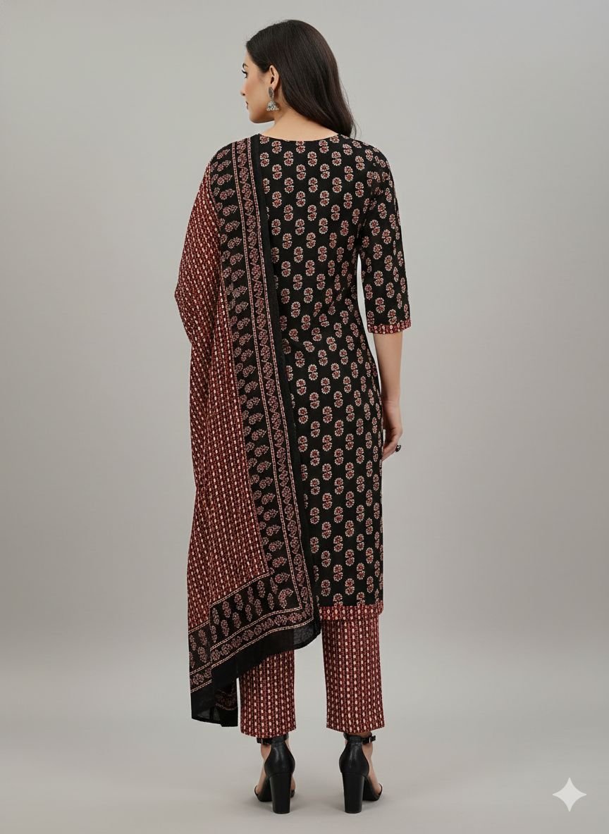 Black & Maroon Printed Patiala 3-Piece Suit Set for Women – Kurta, Patiala Pant & Dupatta