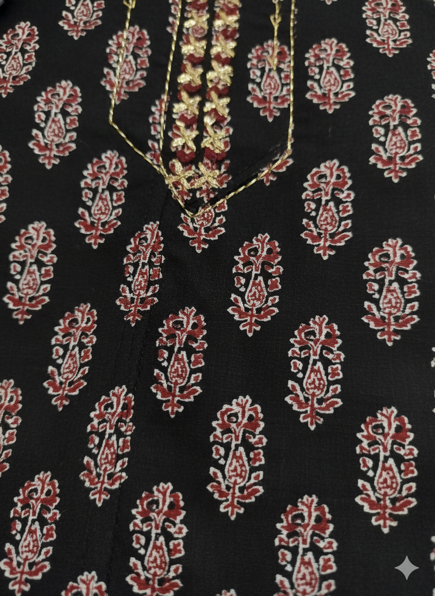 Black & Maroon Printed Patiala 3-Piece Suit Set for Women – Kurta, Patiala Pant & Dupatta