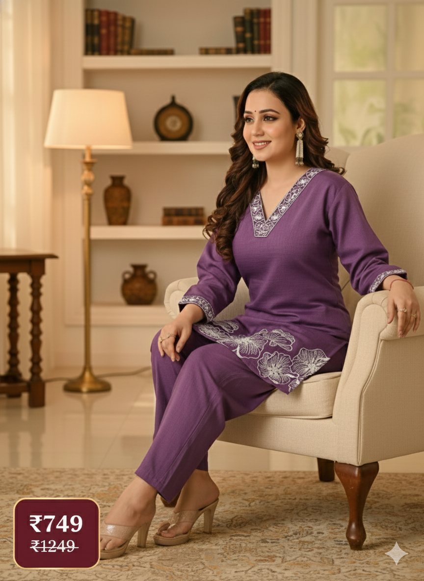 Purple Embroidered Cord Set for Women – Premium Cotton Co-ord with V-Neck Kurta & Straight Pants | Elegant Ethnic Wear